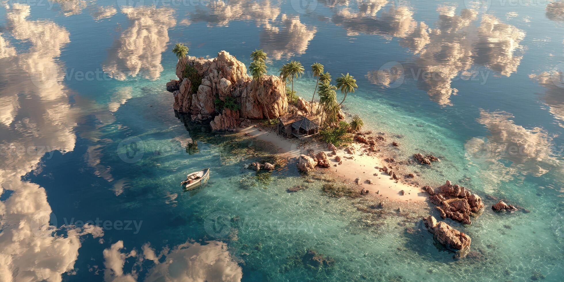 Tropical island with rocky shores and palm trees under a cloud-filled sky during midday photo