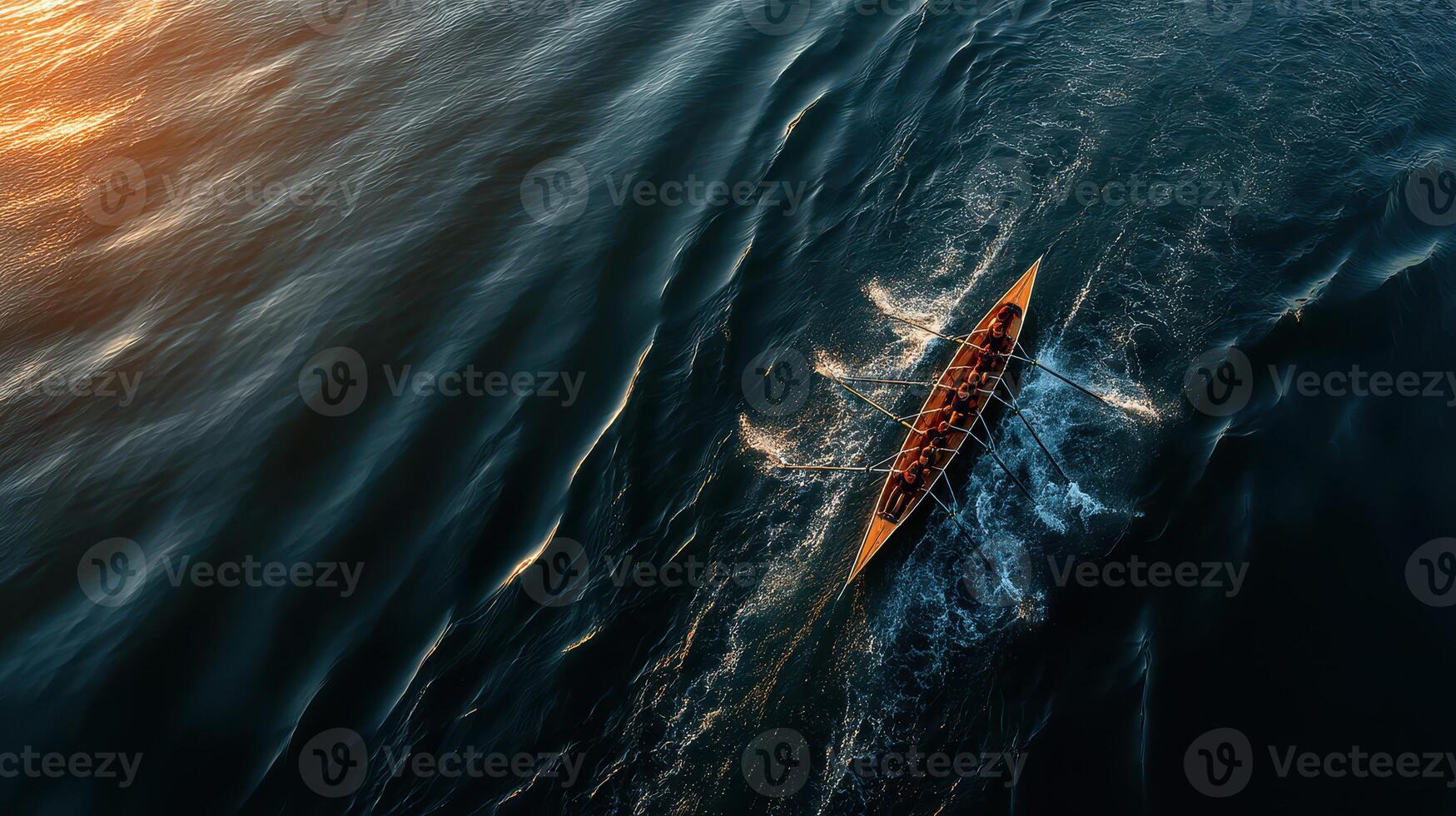 Rowers navigate calm waters during sunset in tranquil evening light photo