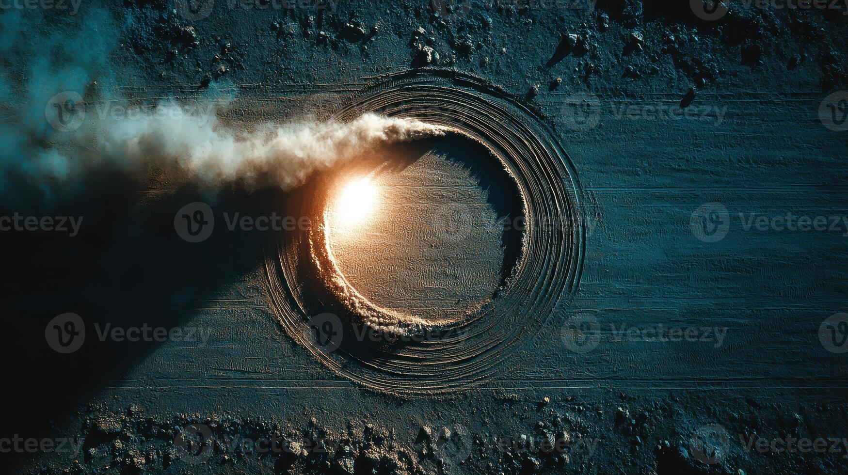 Car tire marks create a circular pattern against a dark background during sunset photo