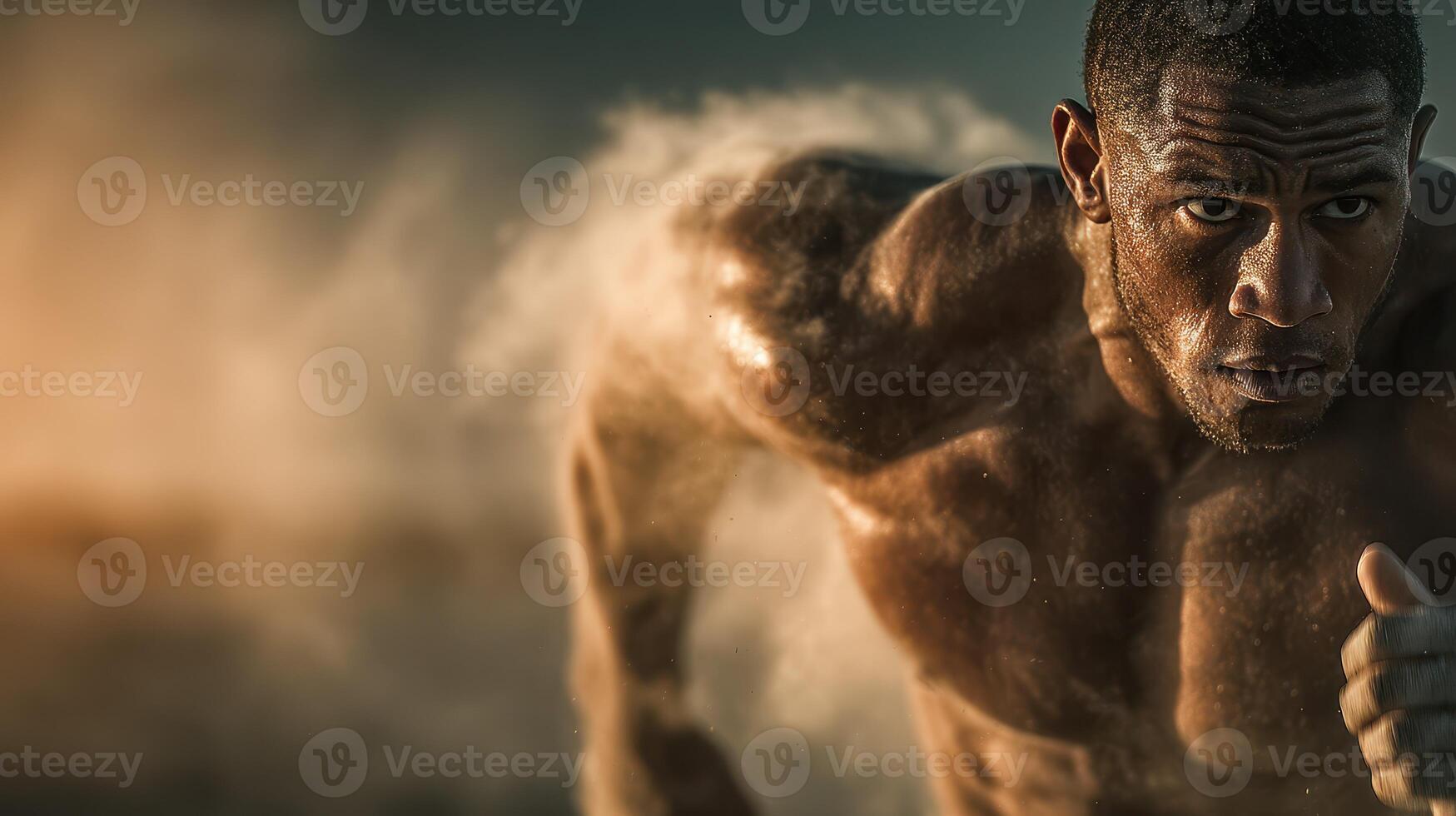 Muscular athlete sprinting on track creating a dynamic cloud of dust during sunset photo