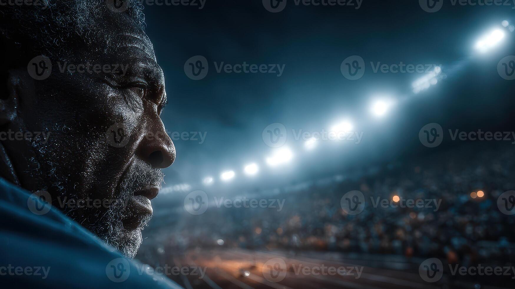 Inspiring elder observing a competitive race during night event at stadium photo
