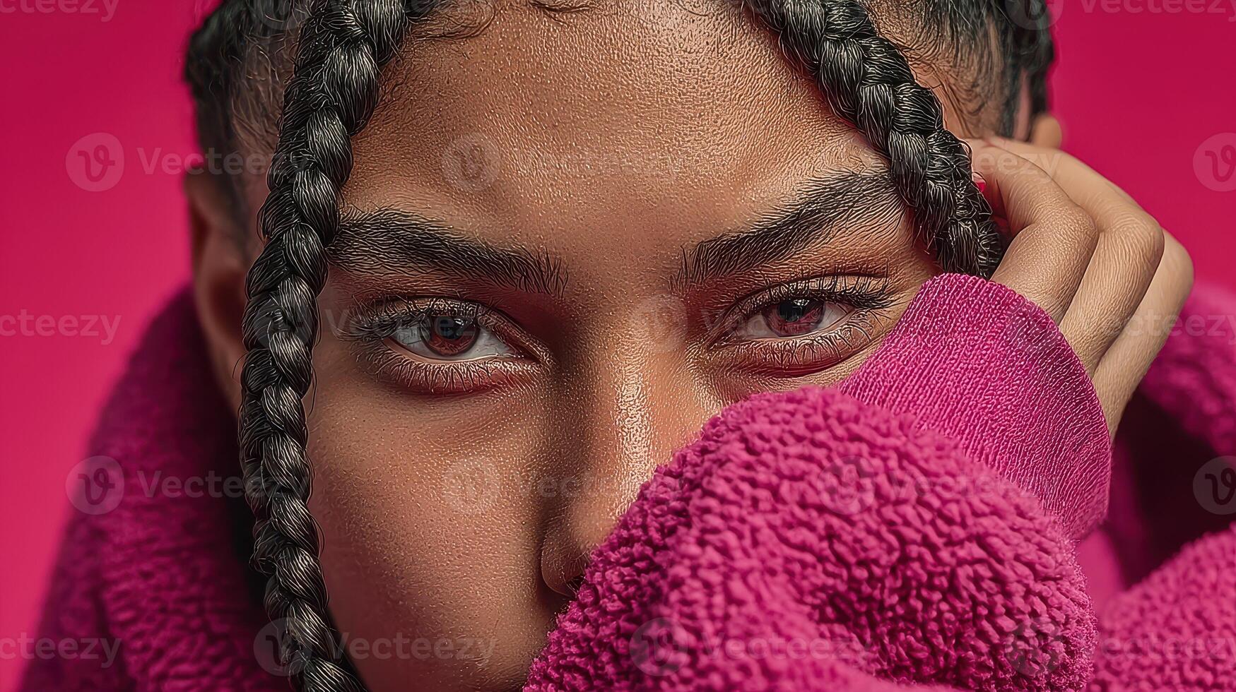 Young person with braided hair wrapped in fuzzy sweater against vibrant pink background displays serene expression photo