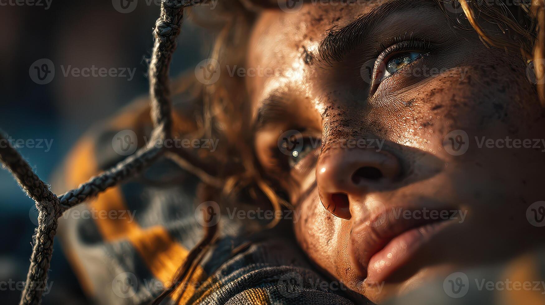 Woman resting on a surface with a contemplative expression as sunlight falls on her face during a serene moment in nature photo