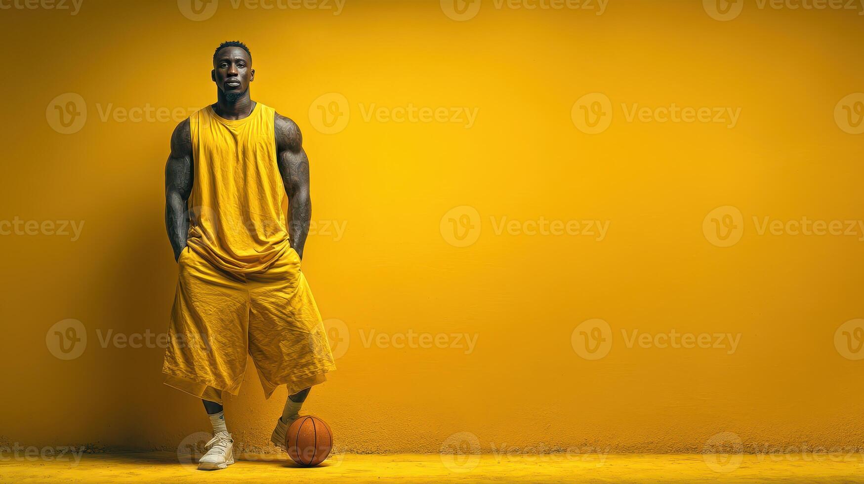 Basketball player posing confidently against a yellow backdrop during a training session in an indoor court setting photo