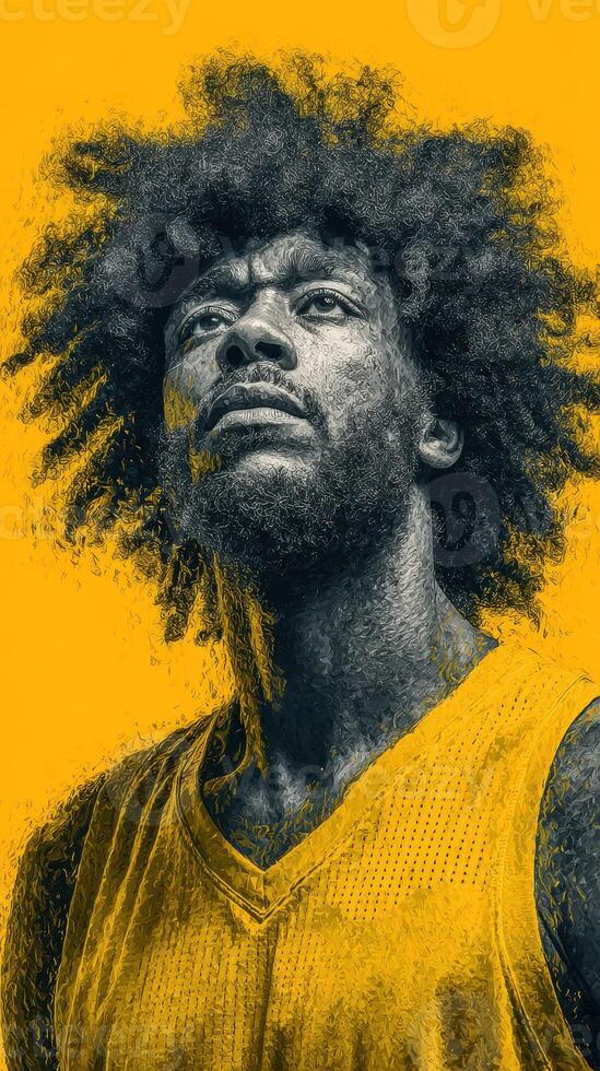 Dynamic basketball player with powerful expression under bright yellow backdrop during an intense moment of competition photo
