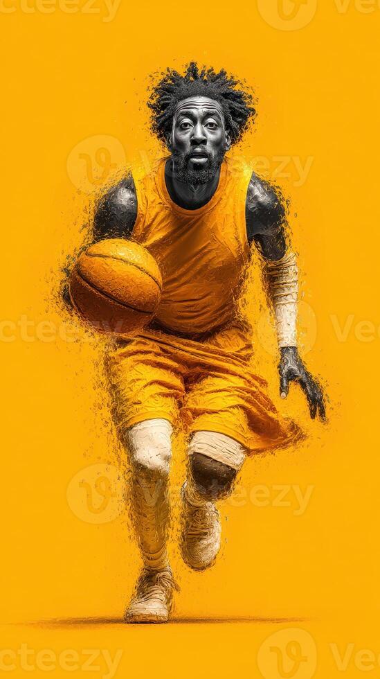 Dynamic basketball player sprinting towards the basket against a vibrant yellow background photo