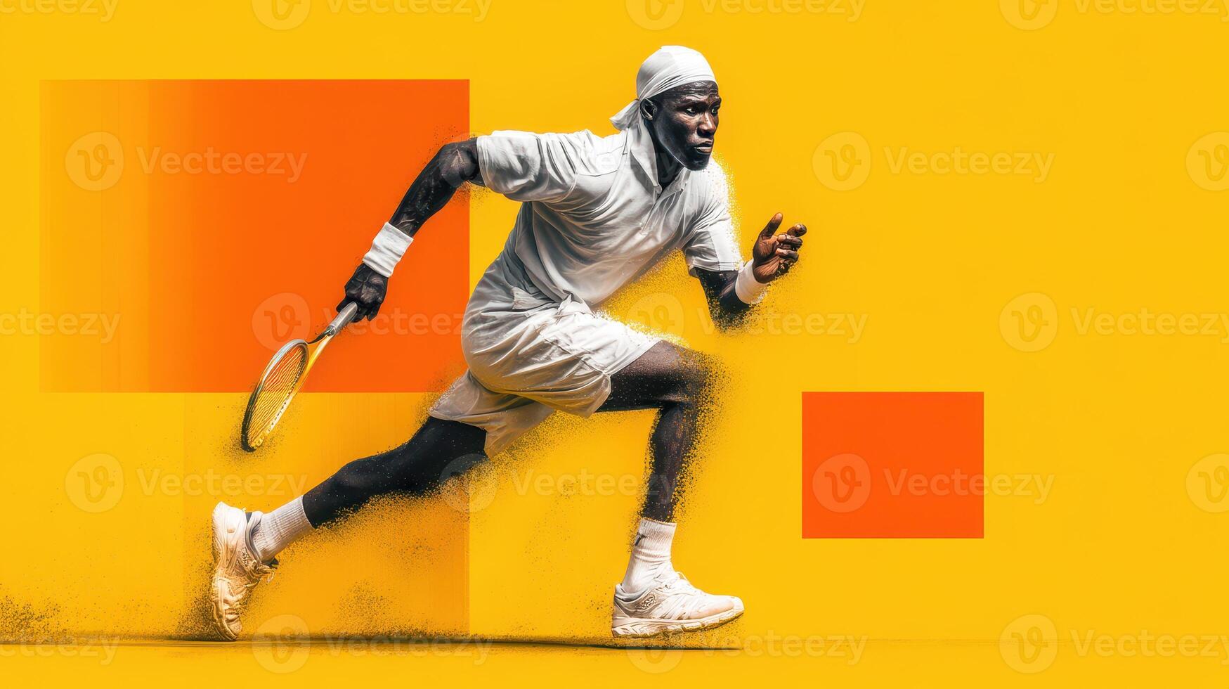 Dynamic tennis player sprinting on a vibrant yellow background during an intense match in a sports arena photo