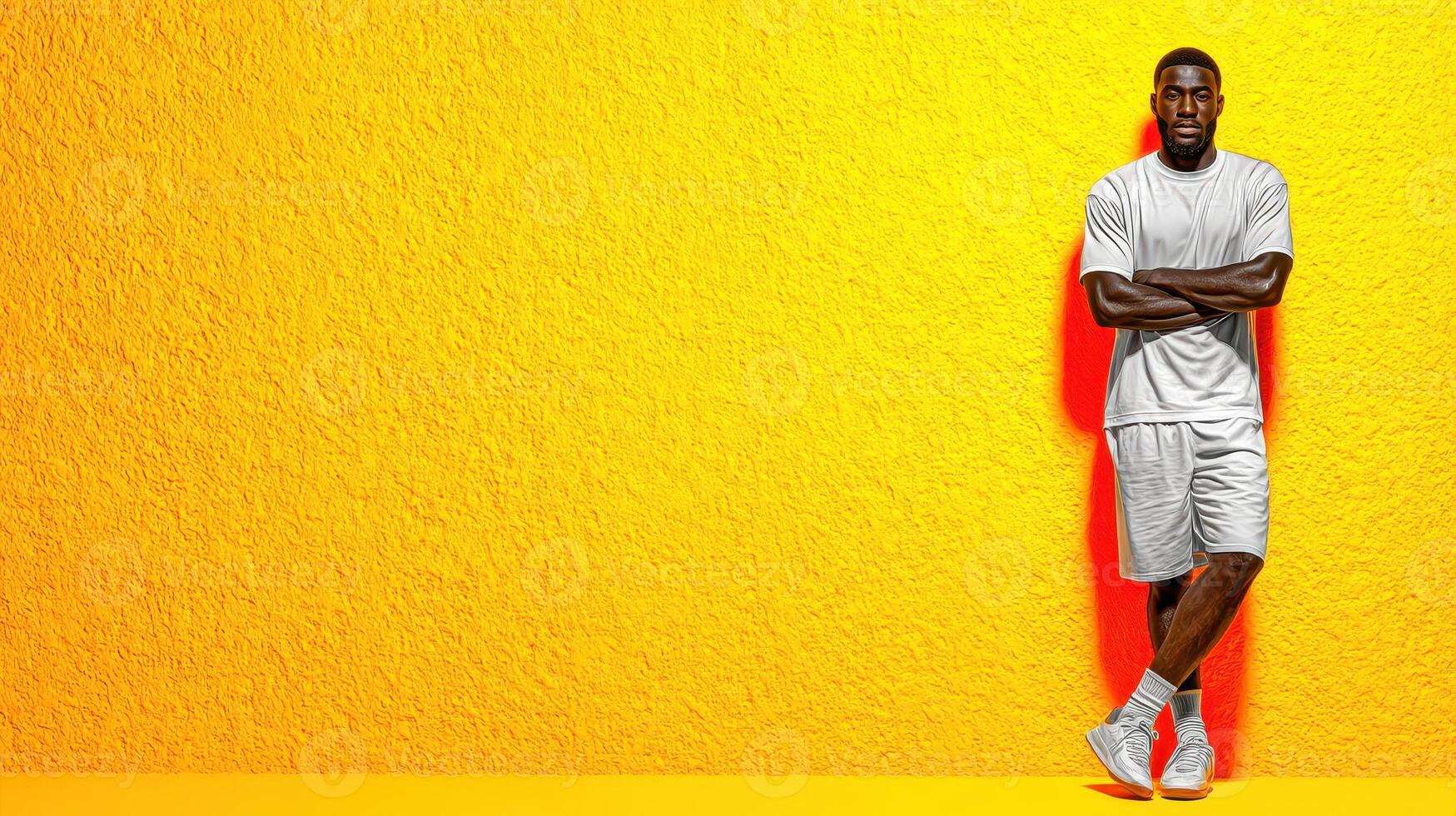 Young athlete stands confidently against vibrant yellow wall in urban setting during sunny afternoon photo