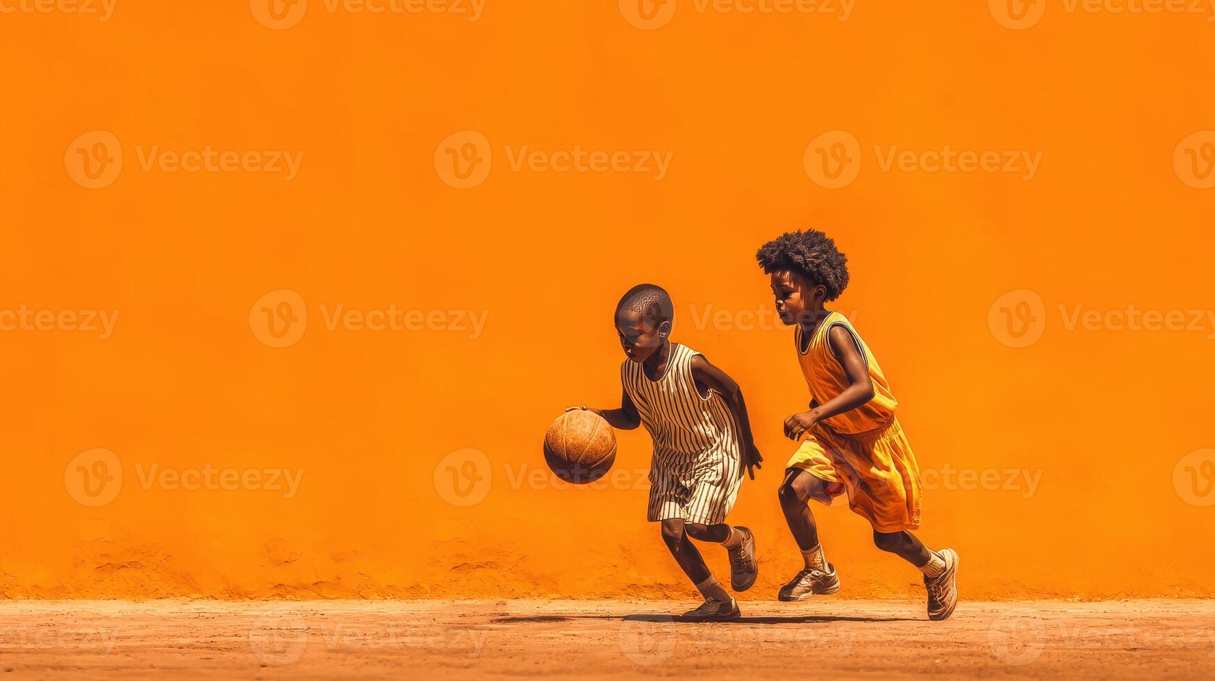 Two children play basketball in front of a vibrant orange wall during a sunny day in an urban neighborhood photo