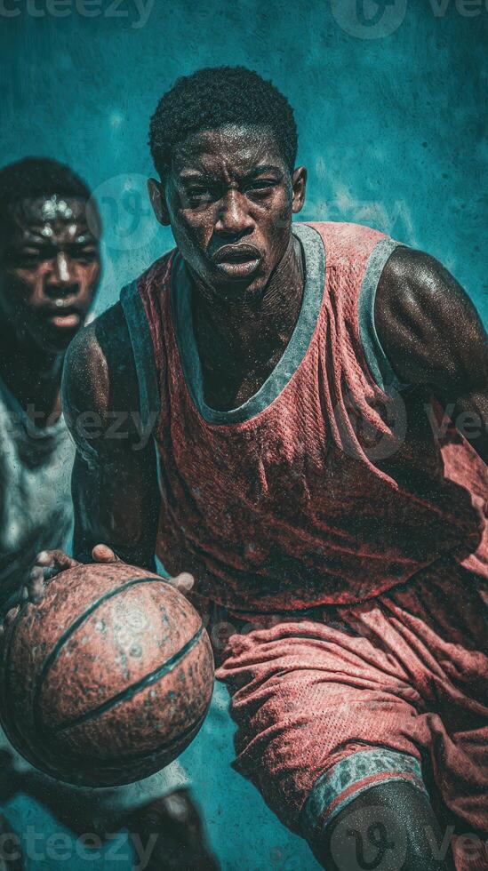 Intense basketball game showcasing young athletes competing outdoors under bright sunlight photo