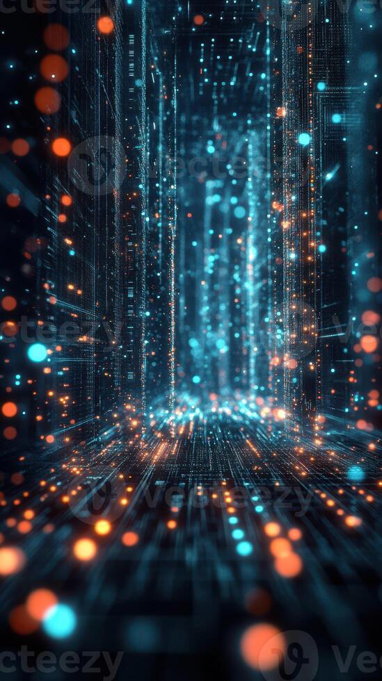 Colorful digital abstract background showcasing glowing particles and lines in a futuristic environment during a nighttime setting photo