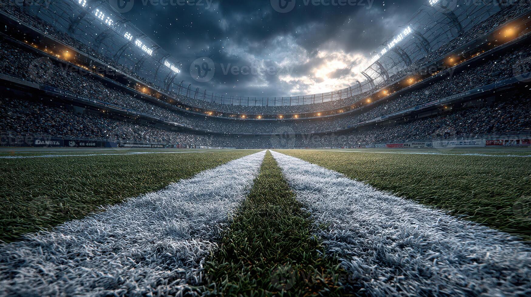 Exciting atmosphere in a packed stadium during a dramatic evening football match under cloudy skies photo