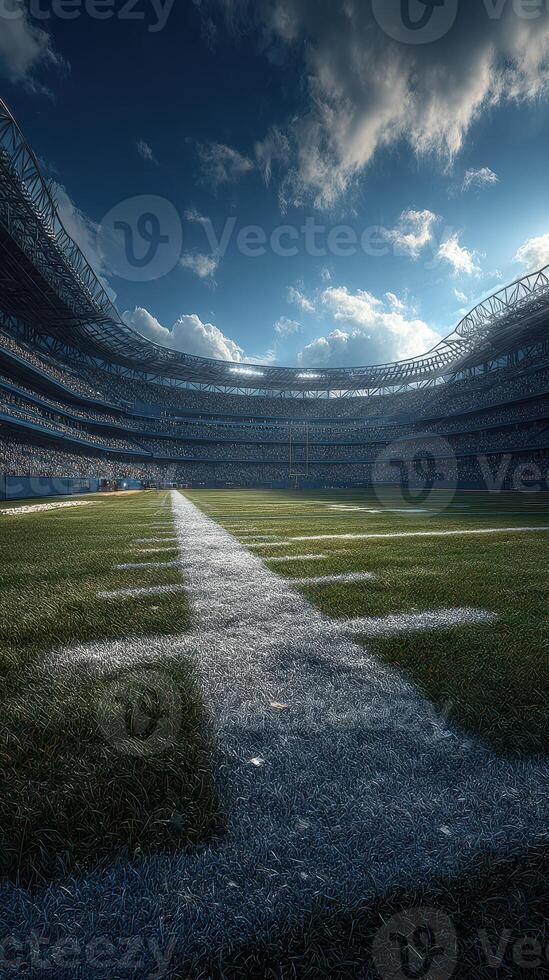 Football field with goalposts under a dramatic sky before a match in a large stadium photo