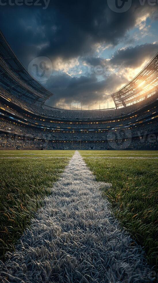 Stadium field at dusk with vibrant colors and filled stands showcasing the excitement of game day photo