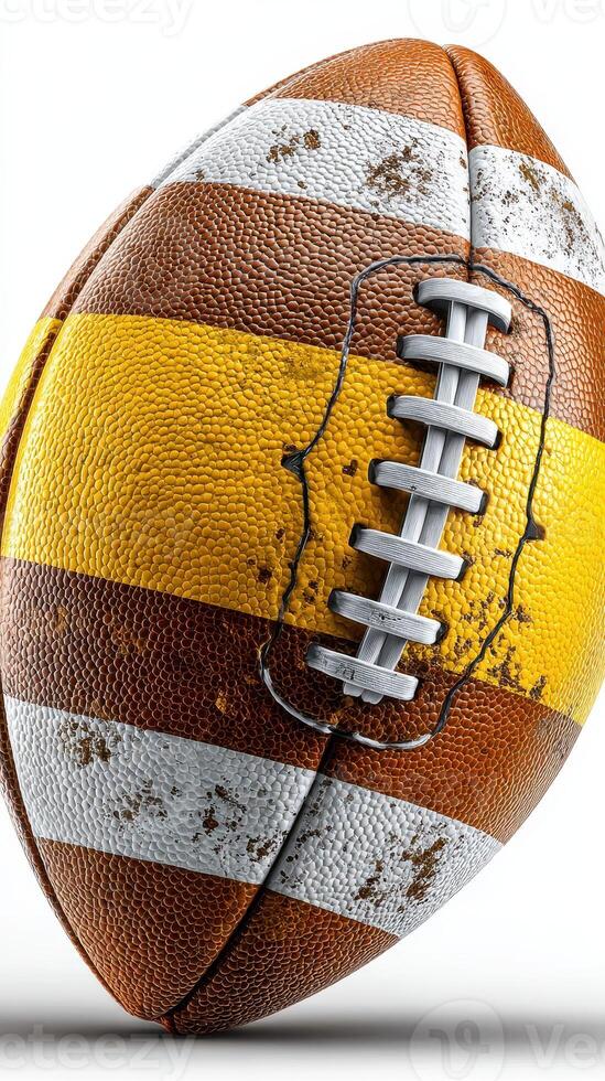 Vintage leather football with worn stripes on a white background showcasing its unique texture and design in a close-up view photo