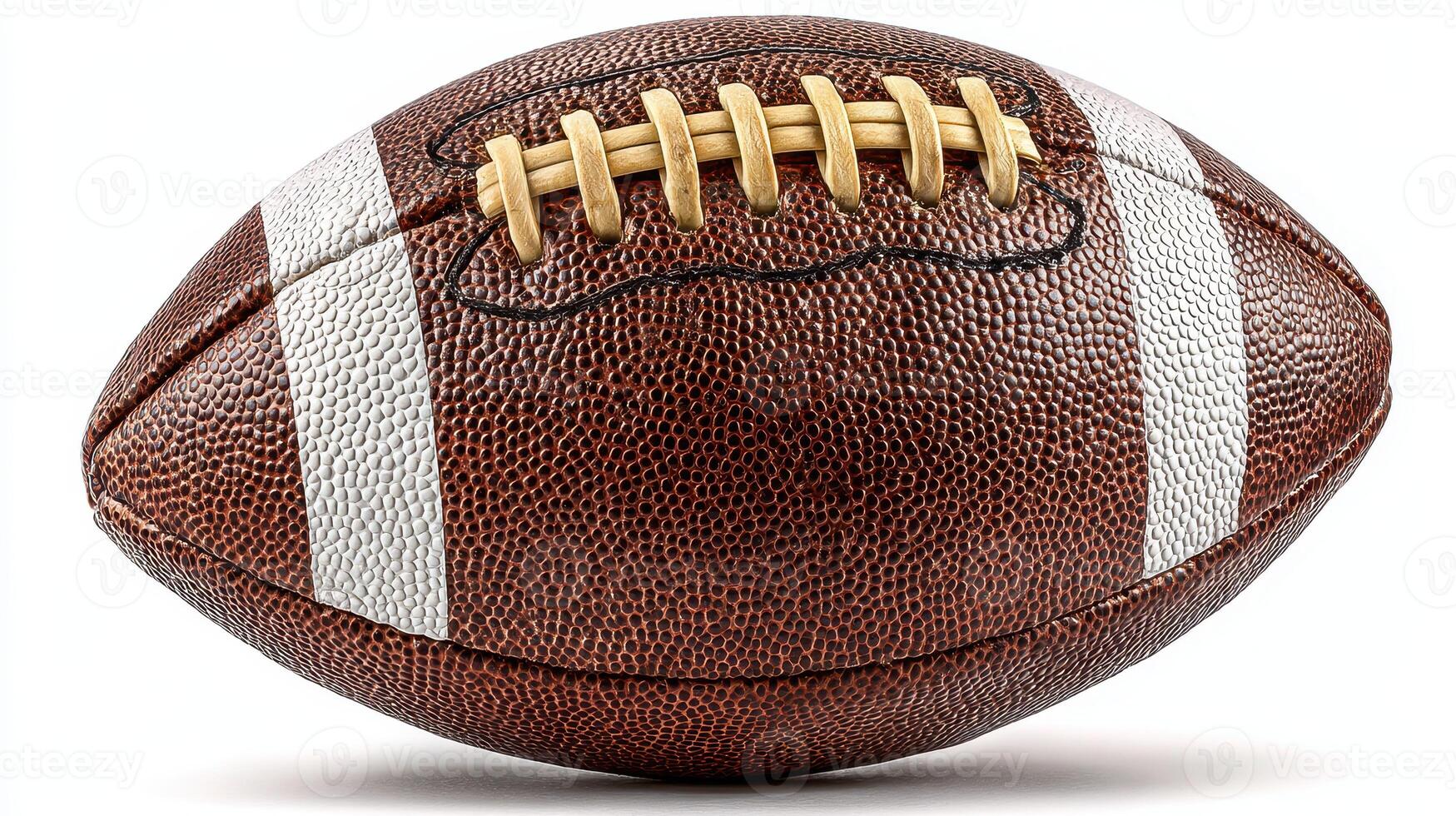 Football rests on a field, showcasing its textured surface and white laces during a sunny afternoon game photo