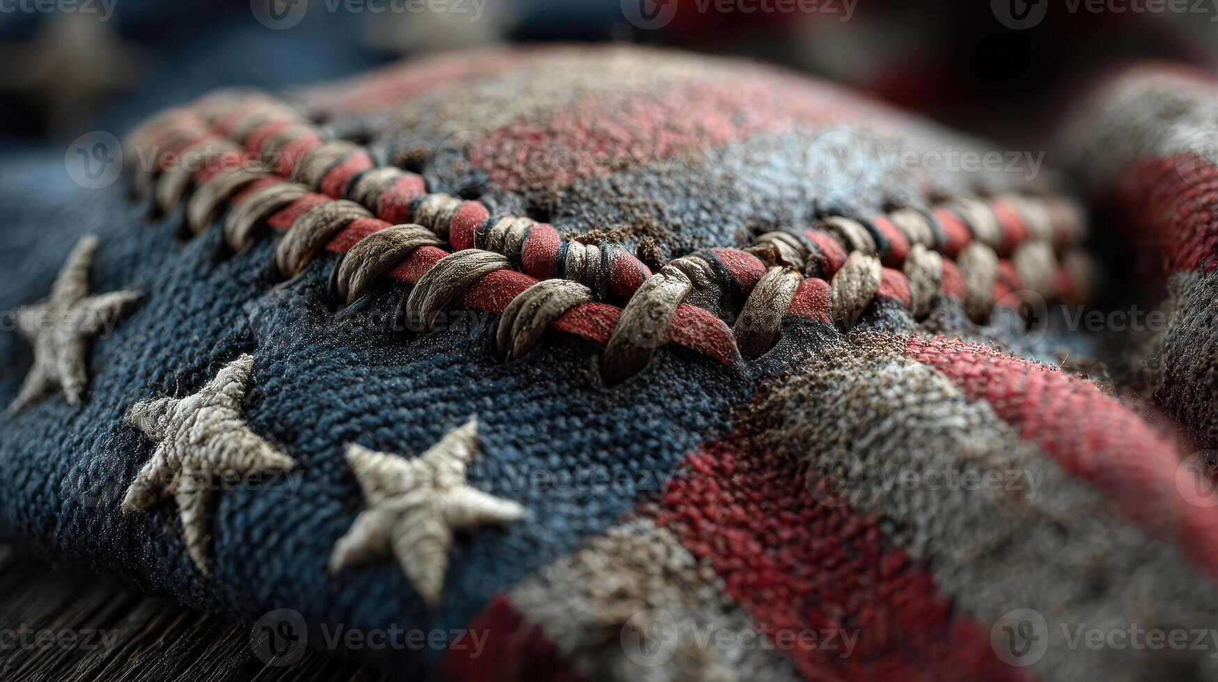 Vintage baseball glove with American flag pattern resting on wooden surface during late afternoon light photo