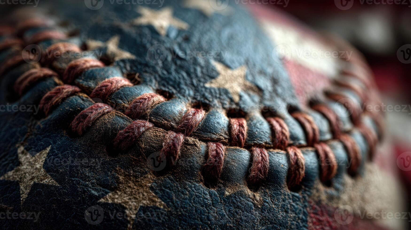 Baseball with American flag design showcases intricate stitching details in close-up during a warm summer day photo