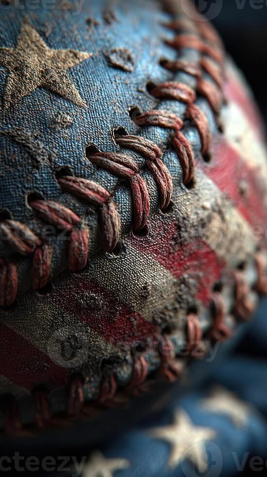 Worn baseball showcasing American flag design with visible stitching and texture in a close-up view photo