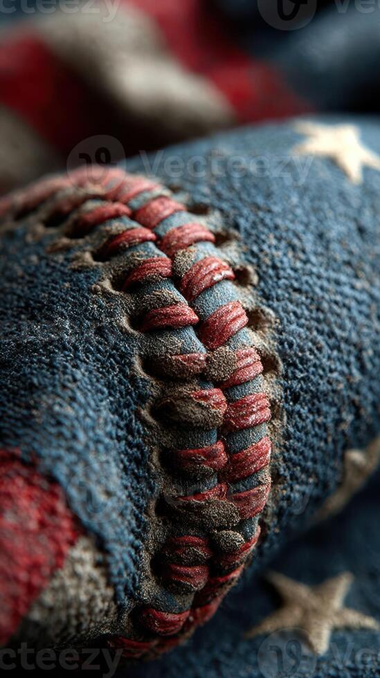 Detailed close-up of Americana fabric showcasing stitches and patterns in rich colors representing heritage and craftsmanship photo