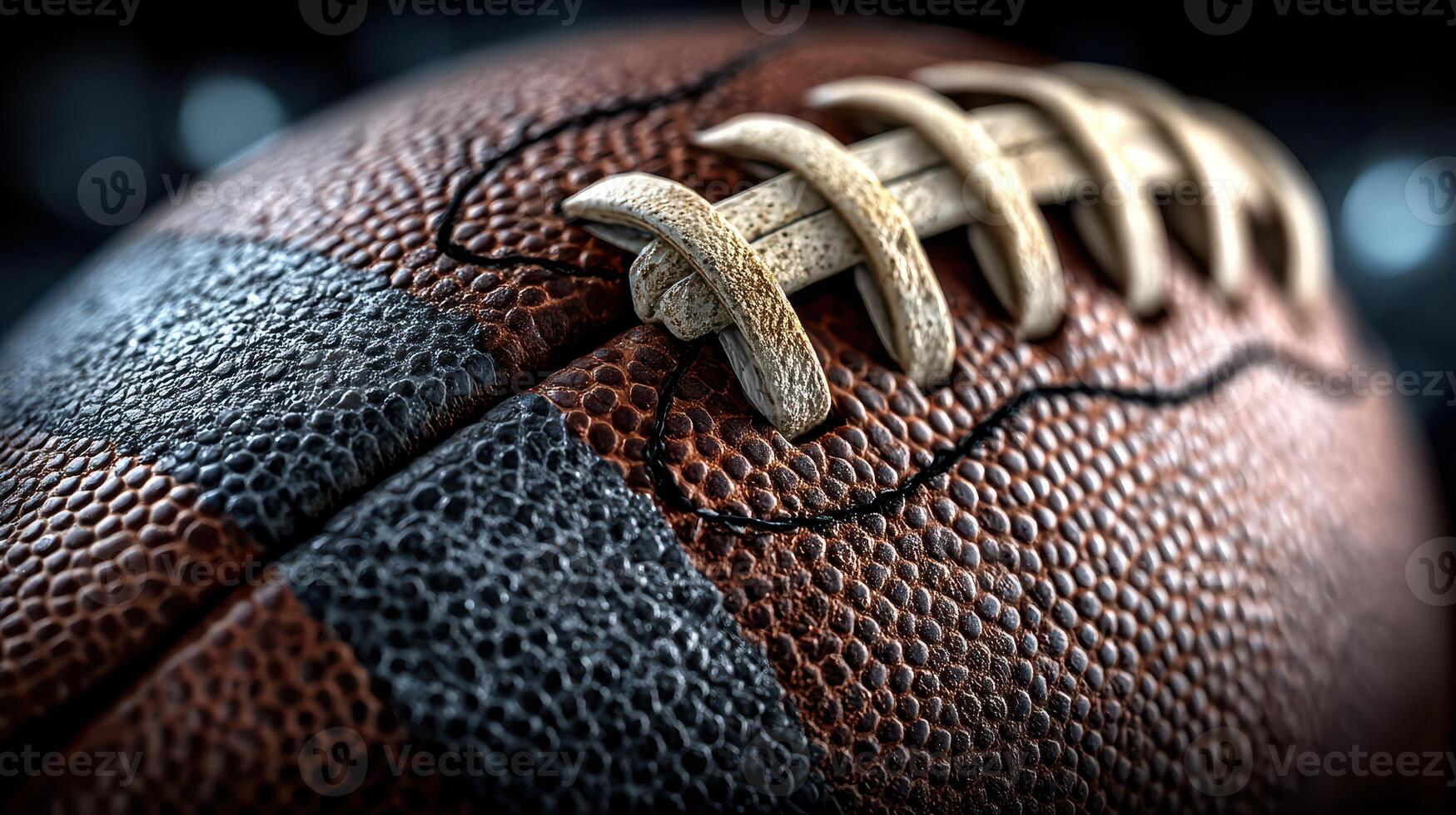 Close-up of a textured leather football showing laces and stitching in a dimly lit setting photo