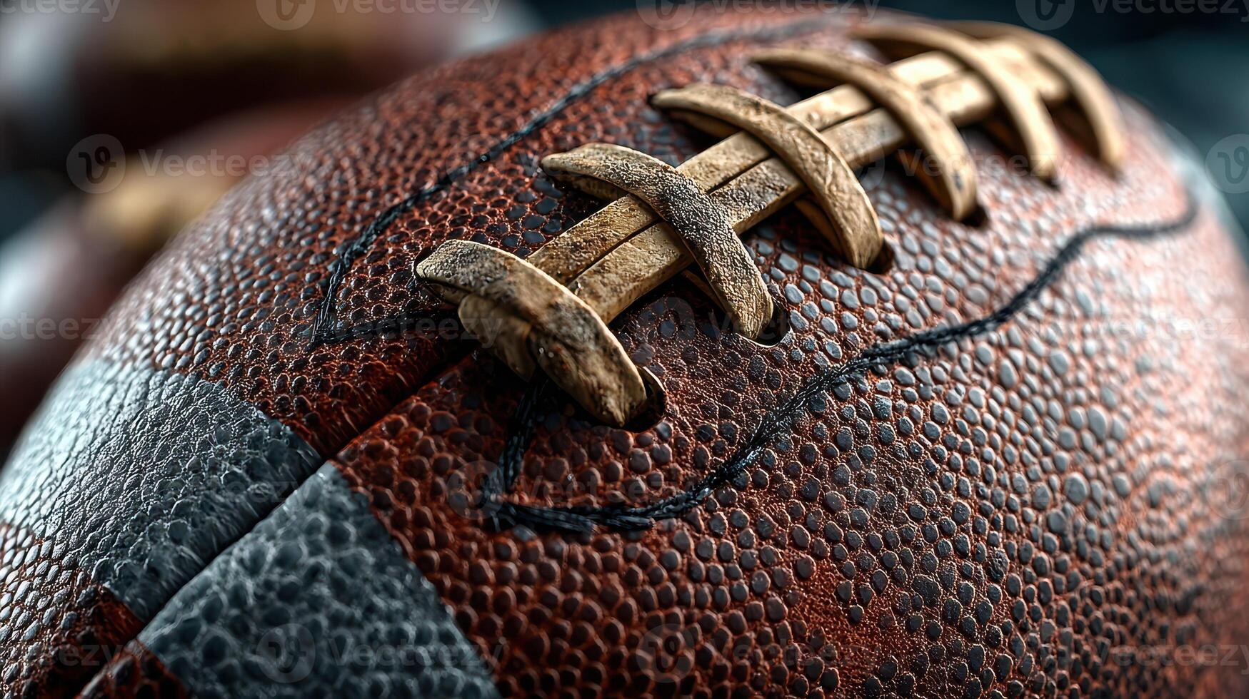 Close-up view of a worn-out American football featuring laces and textured surface during a game preparation session photo