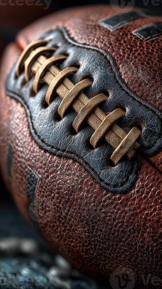 Football close-up showcasing detailed stitching and texture during a game preparation setting in autumn photo