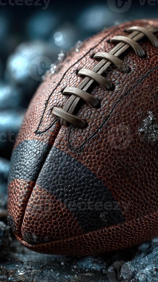 Close-up view of a weathered football resting on rocky ground in a dynamic sports setting photo