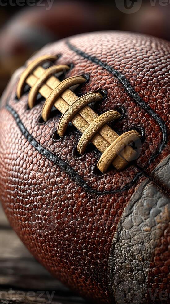 Detailed close-up of a worn leather football showcasing its texture and stitching at a sports event photo