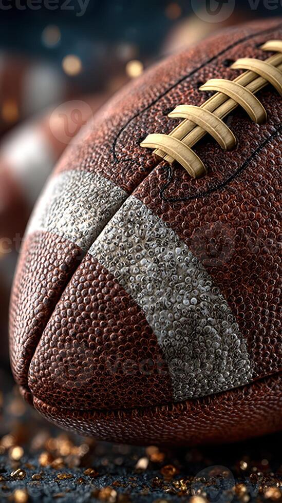 Close-up of a textured leather football resting on a surface during a game preparation in autumn photo