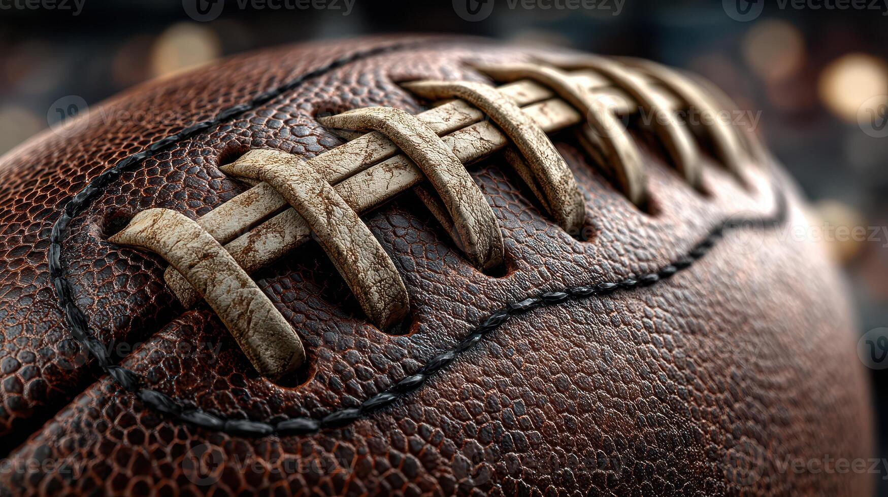 Close-up view of a weathered football showcasing intricate lacing and texture during a night sporting event photo