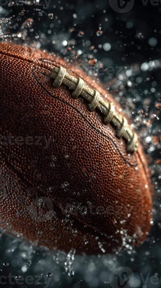 Football splashes through water droplets, showcasing texture and motion in a dynamic indoor setting photo