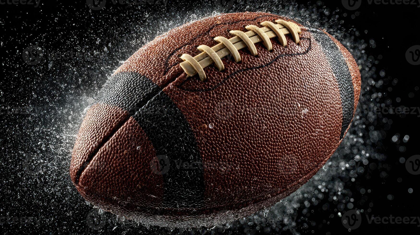 Football splashes through water creating dynamic motion in a striking close-up shot photo