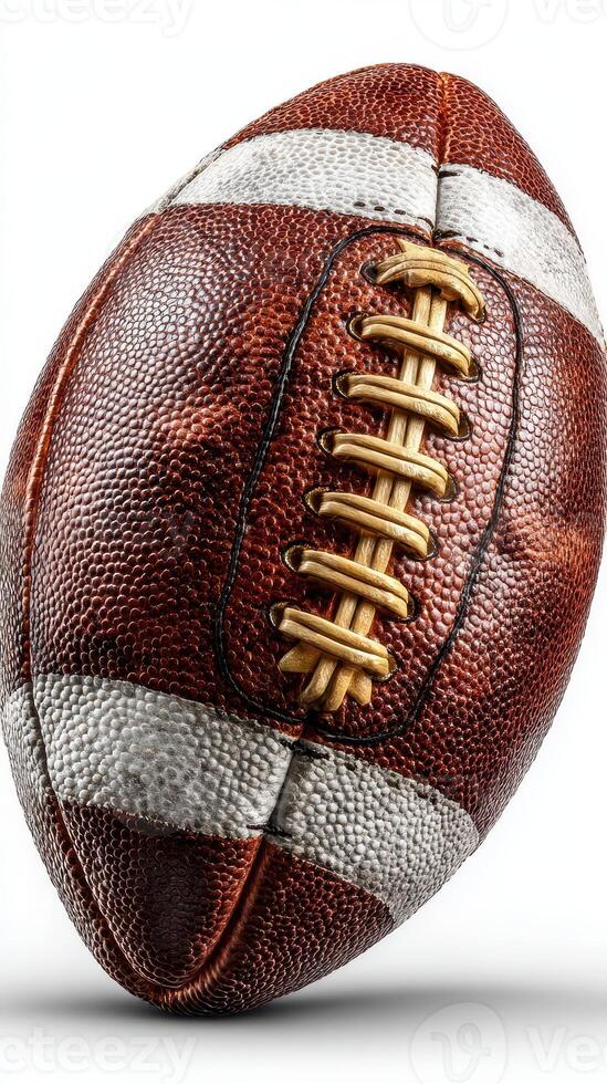 Detailed view of a textured football showcasing its laces and design in bright lighting photo