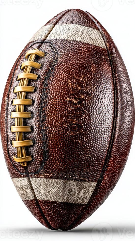 Vintage style football rests on a surface with detailed stitching and texture, showcasing craftsmanship and sport heritage photo