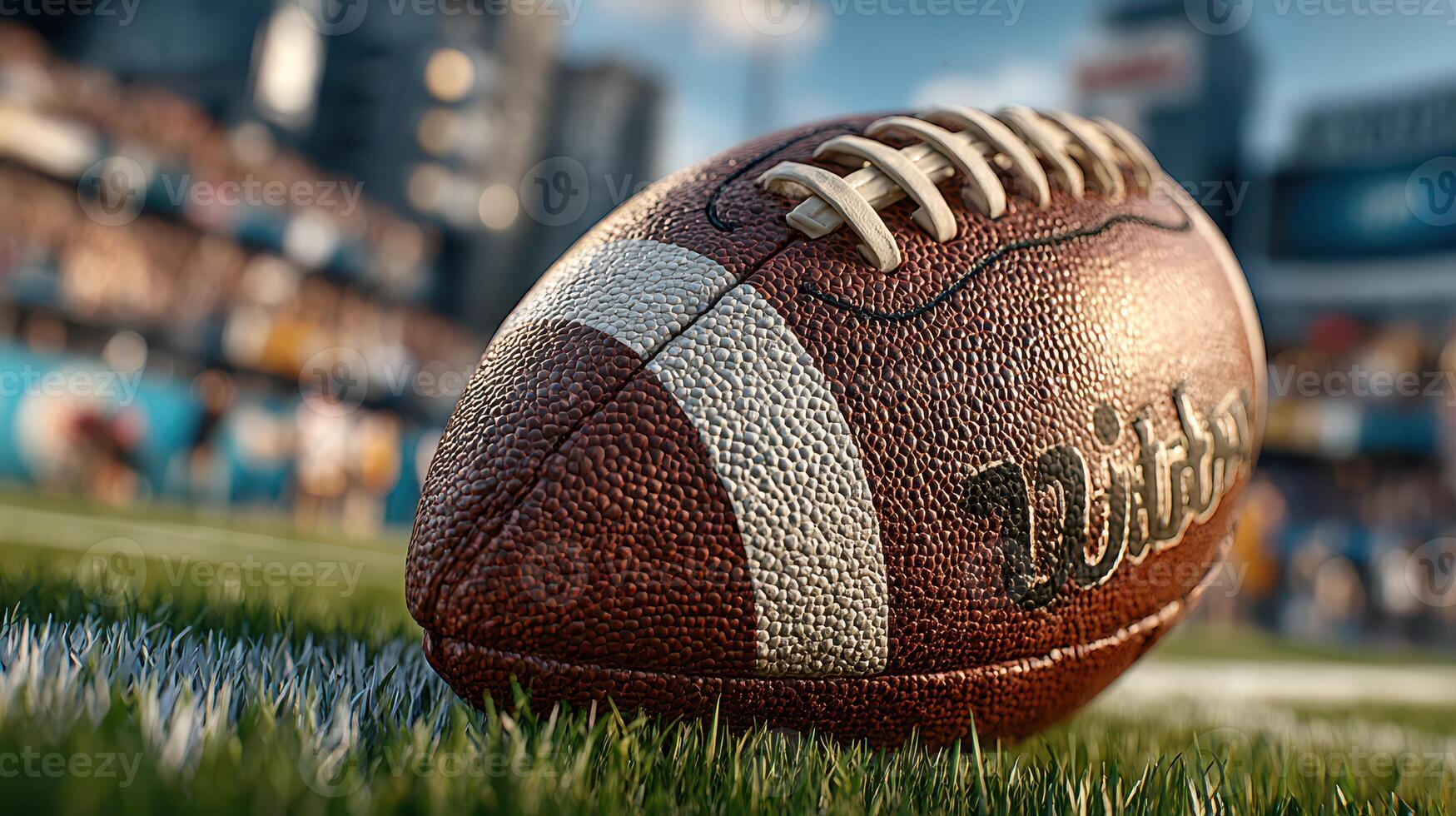 Football resting on green field with city skyline in background during game day excitement photo