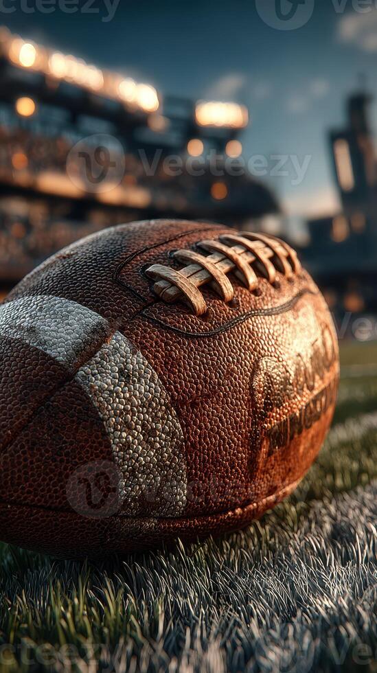 Close-up of a weathered football resting on the field during sunset at a stadium photo