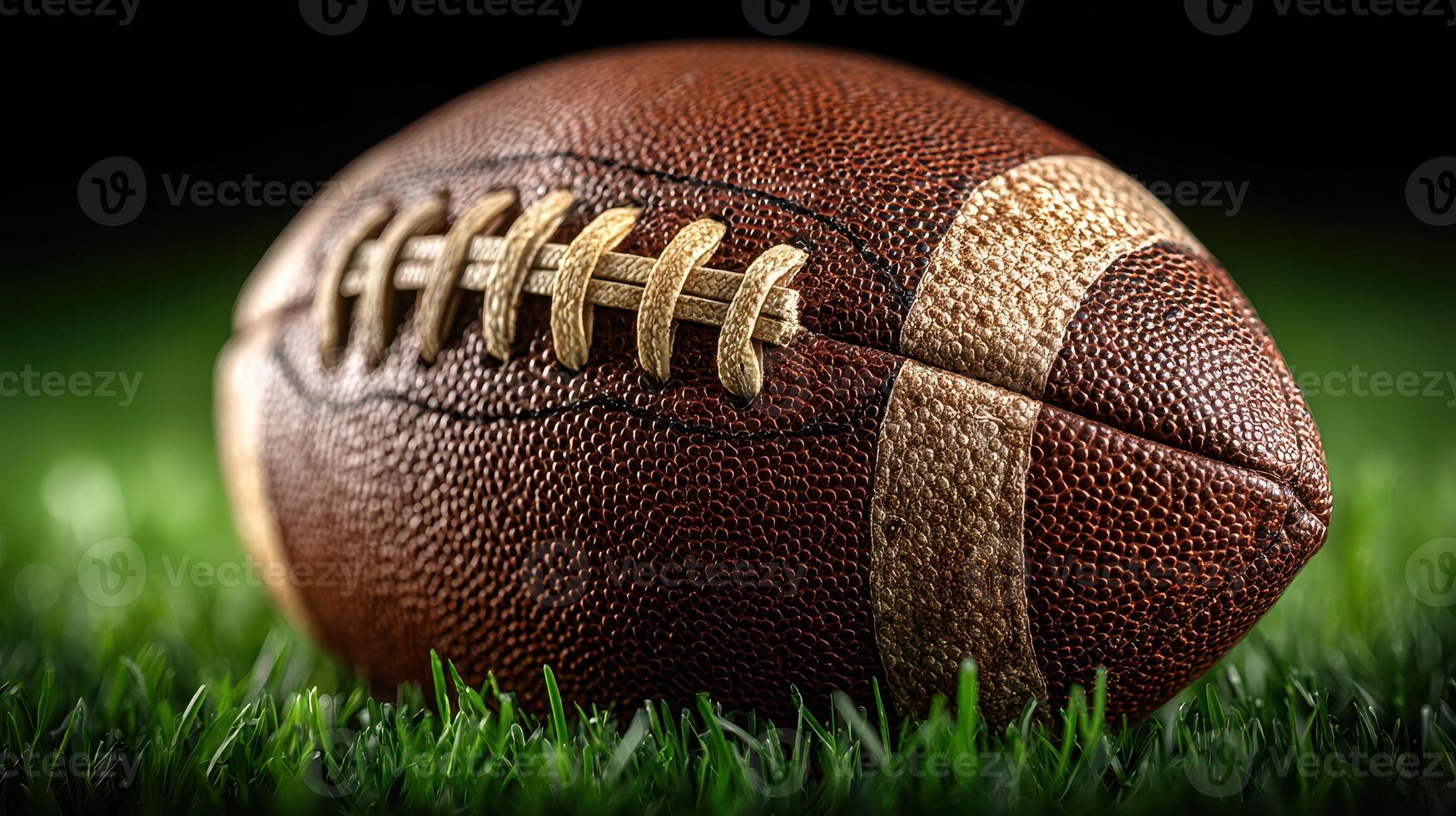 Close-up of an American football resting on vibrant green grass with a dark background highlighting its textured surface photo