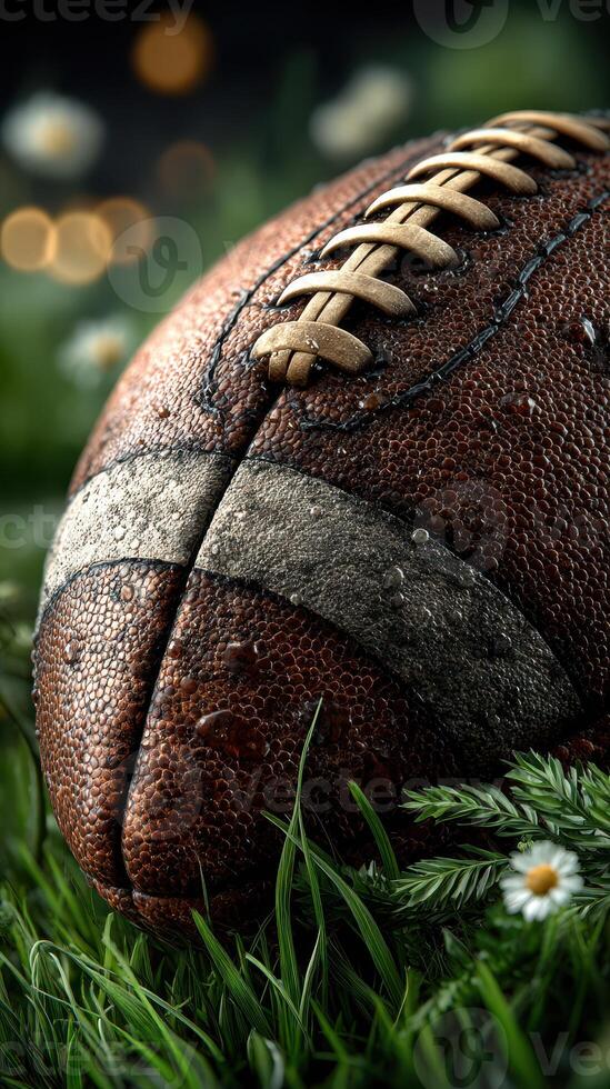 Vintage football resting on damp grass surrounded by wildflowers during an overcast day photo