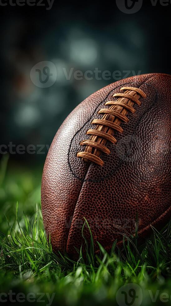 Leather football resting on grass in a dimly lit setting captures the essence of autumn sports photo