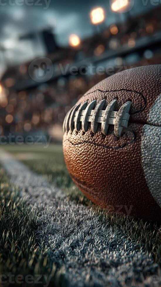 Close-up view of a football resting on the field during an evening match under dramatic stadium lights photo