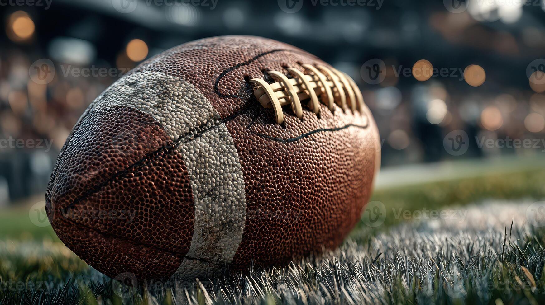Football resting on the field during an evening game with blurred crowd in the background photo