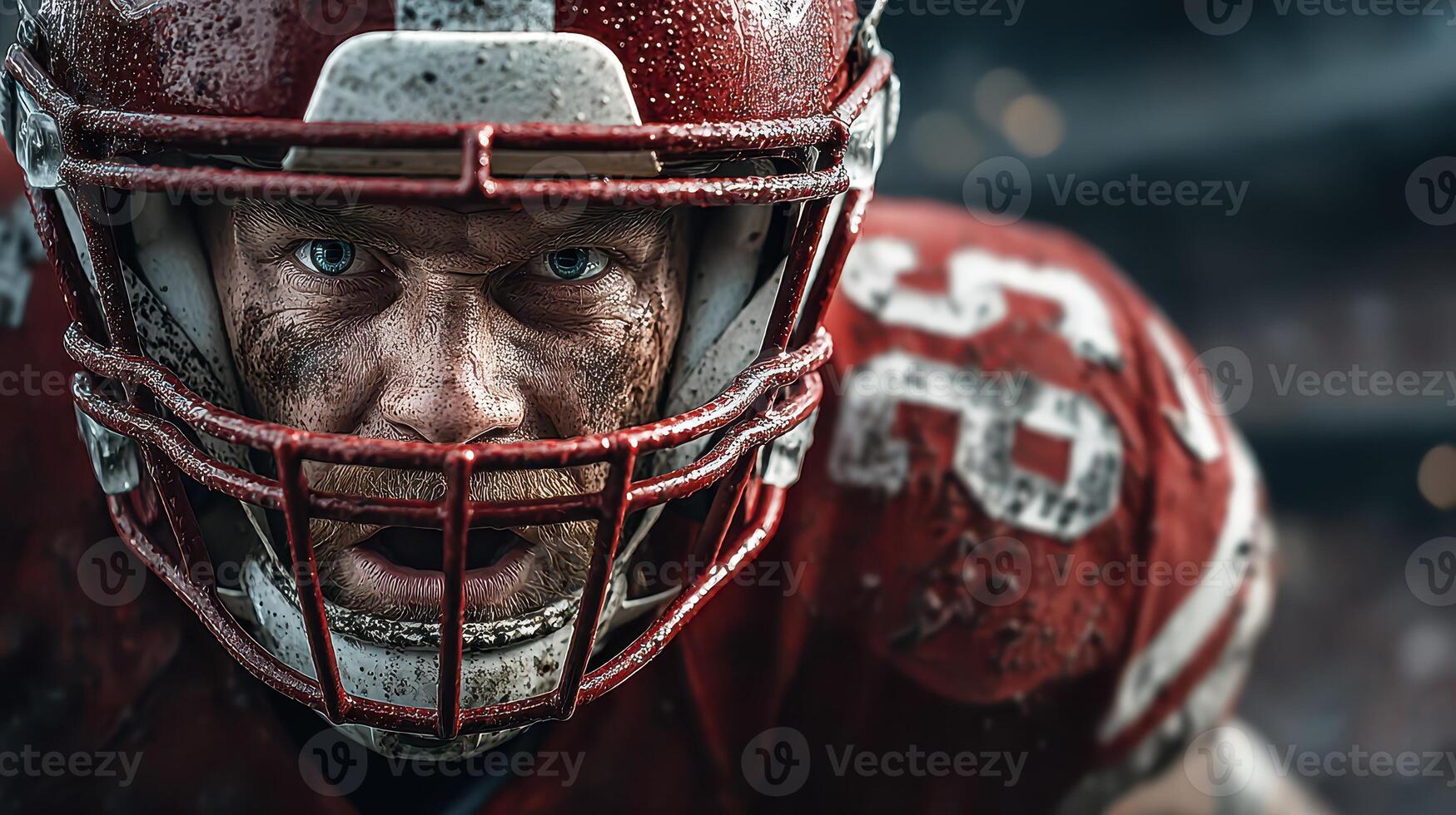 Intense football player focused on the game during a night match in the stadium photo