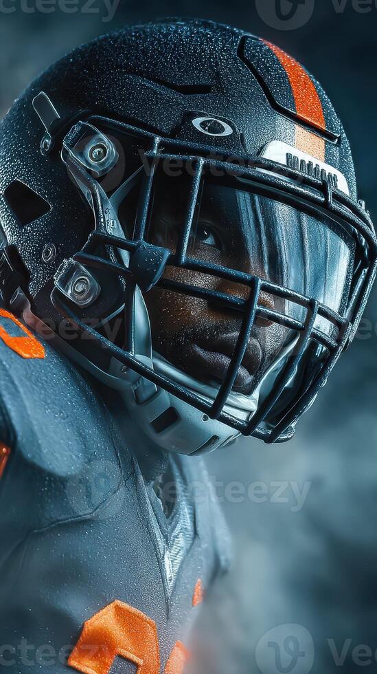 Football player wearing a helmet in an intense moment during an evening match with dramatic lighting and focus on determination photo