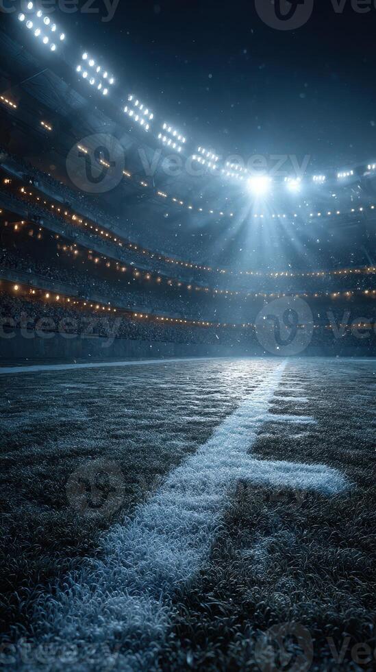 Illuminated football field ready for the game under bright stadium lights at night photo