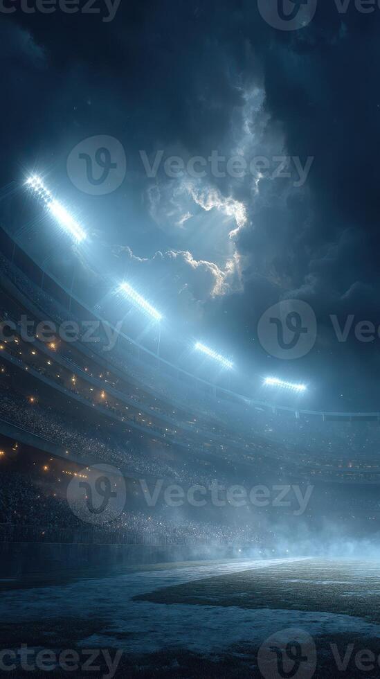 Spectators gather under bright stadium lights before the big game amidst a dramatic night sky photo