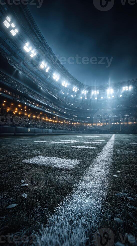 Illuminated stadium with empty stands and bright lights during a dramatic nighttime event photo