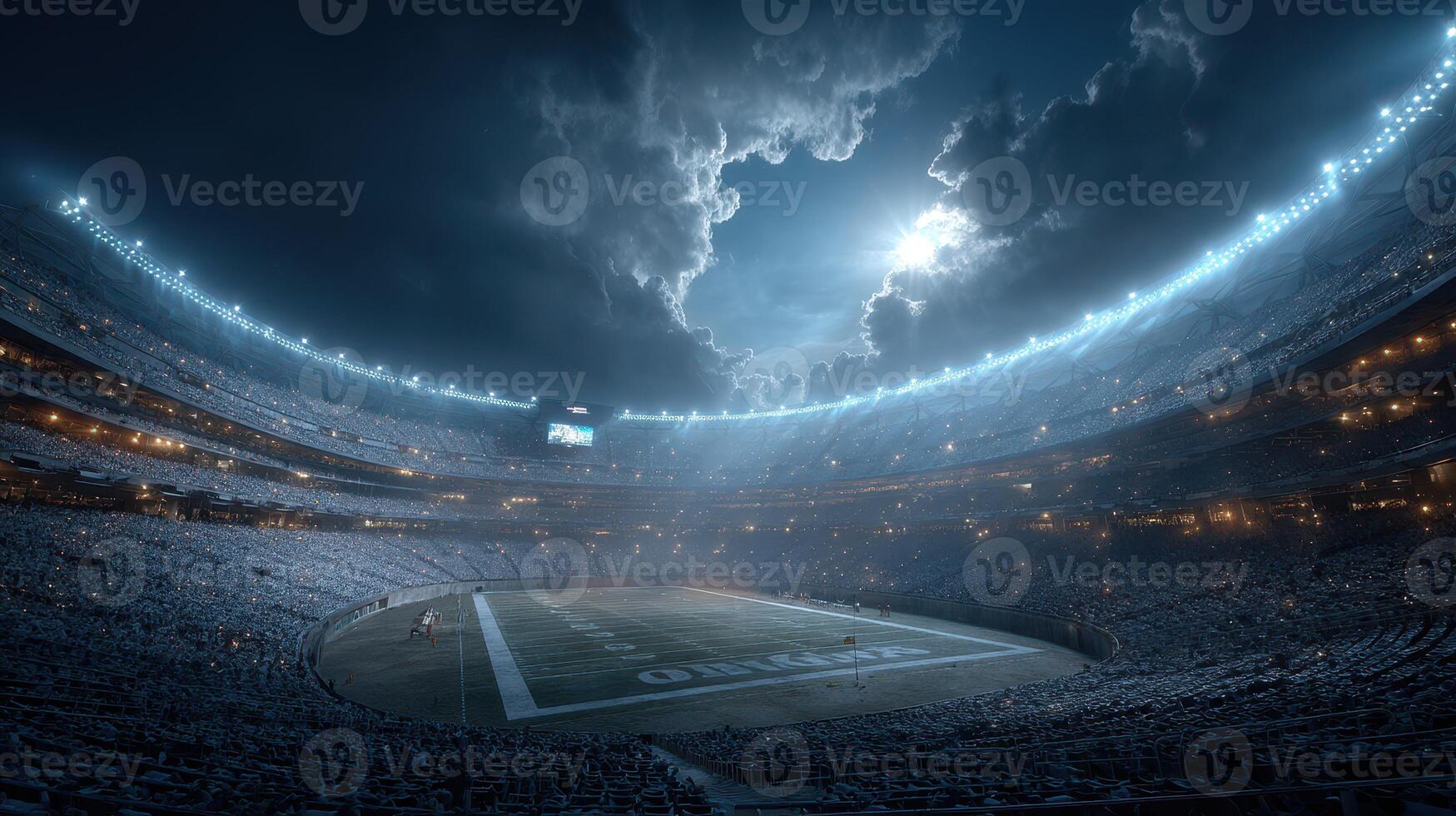Spectacular view of a vast stadium under dramatic skies during a night football game in October photo