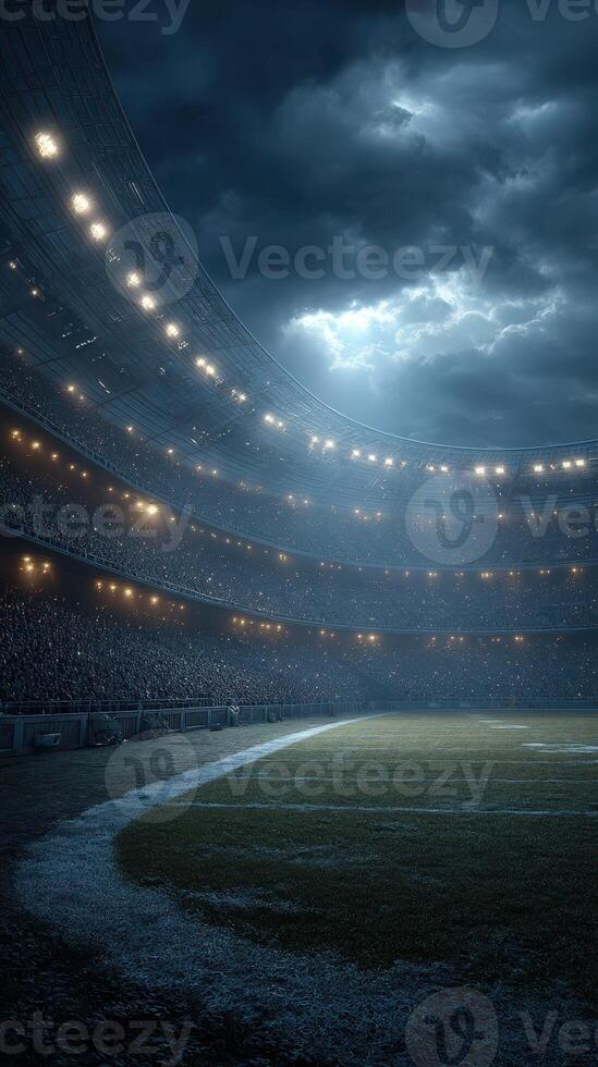 Evening match in a large football stadium under a dramatic sky with bright lights illuminating the field photo