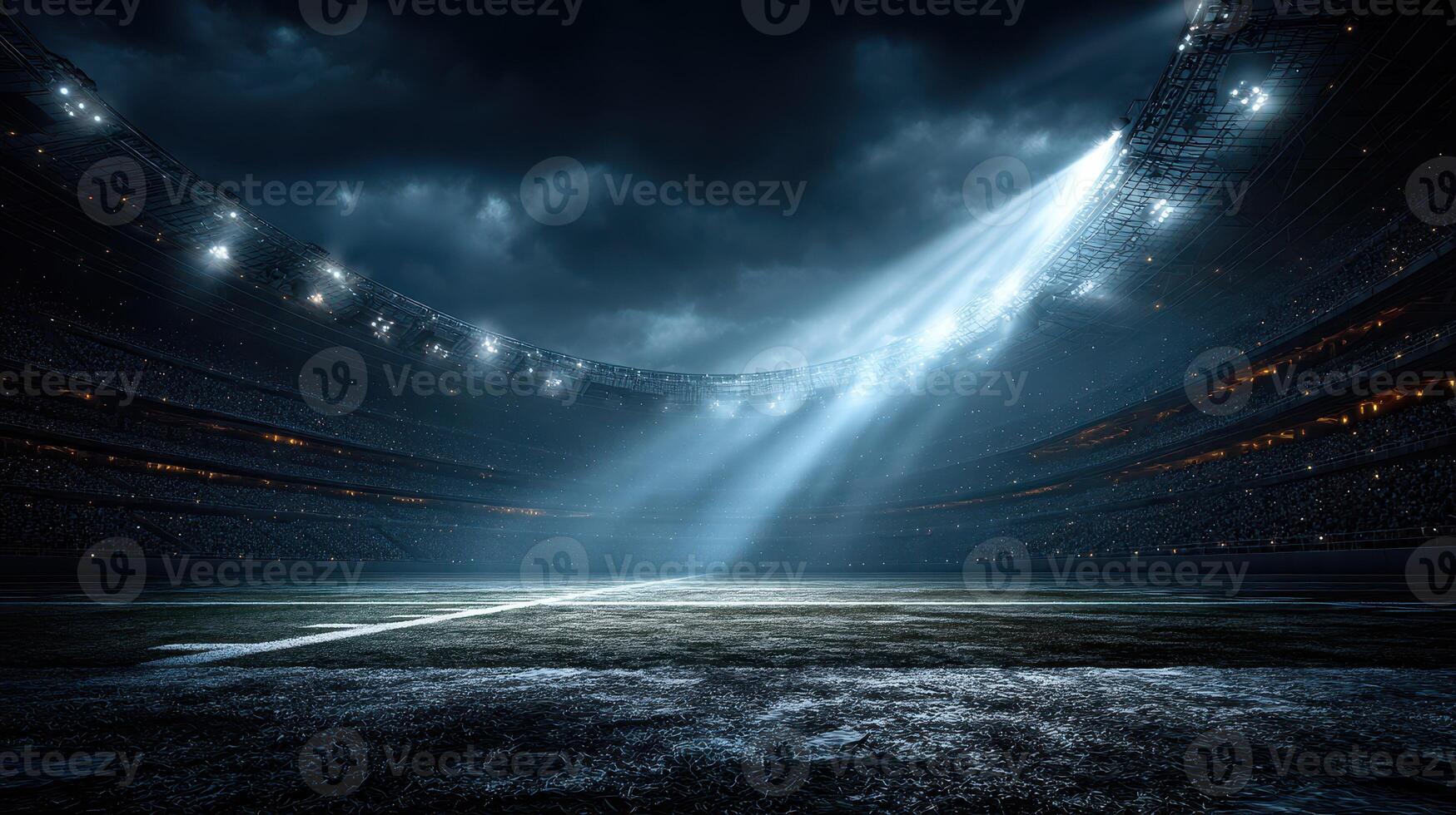 Dramatic stadium lights illuminate the field during a nighttime sports event in a large arena photo